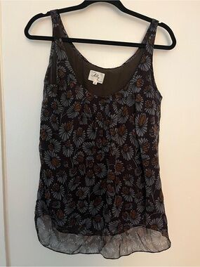 Milly Black Chiffon Floral Scoop Neck Camisole with Gray & Brown Flowers